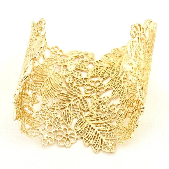 Rhineline Gold Tone Floral Leaf Filigree Cuff Bracelet - Picture 6 of 9